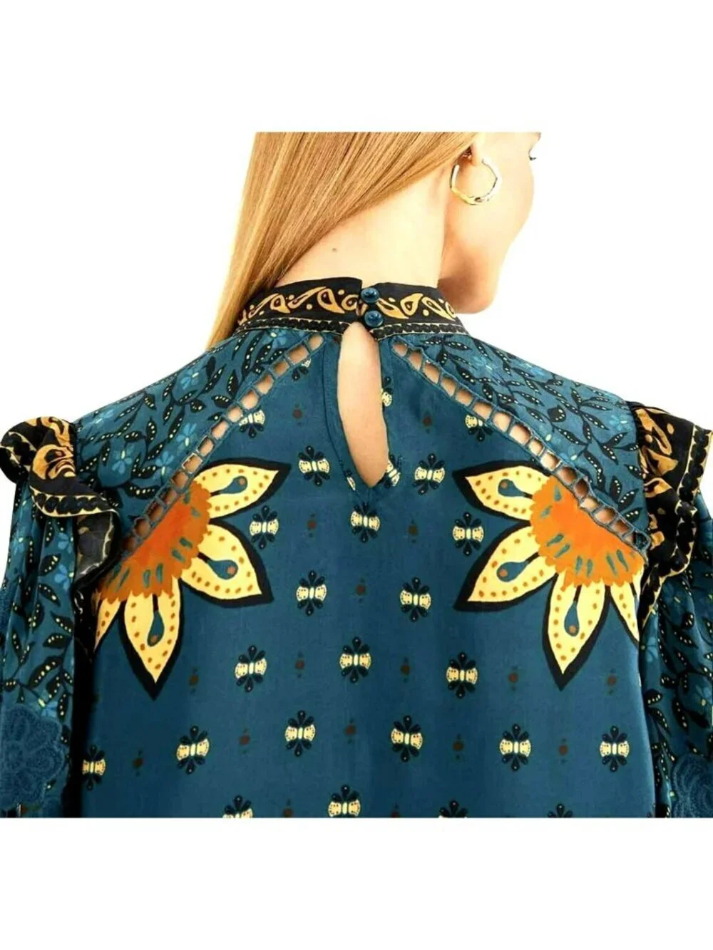 Farm Rio Blue Ainika Chill Long Sleeve Blouse Small New